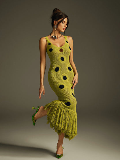 Polka Dot Fringe Knit Midi Dress