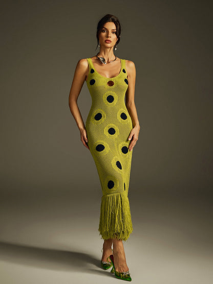 Polka Dot Fringe Knit Midi Dress