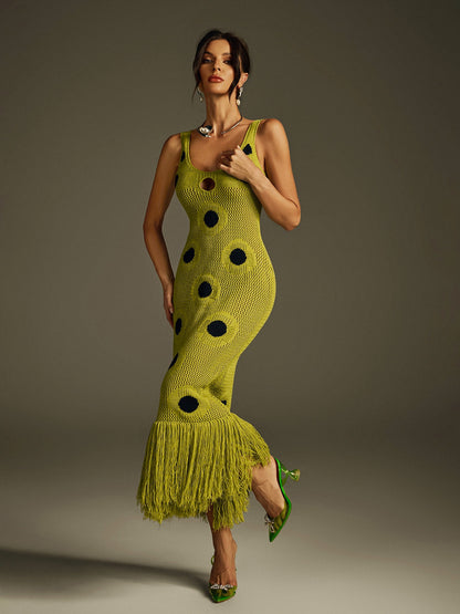 Polka Dot Fringe Knit Midi Dress