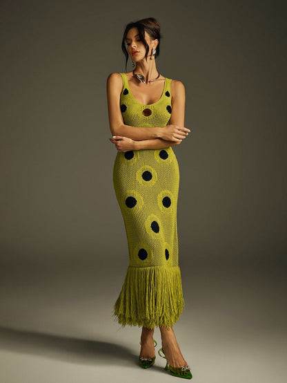 Polka Dot Fringe Knit Midi Dress