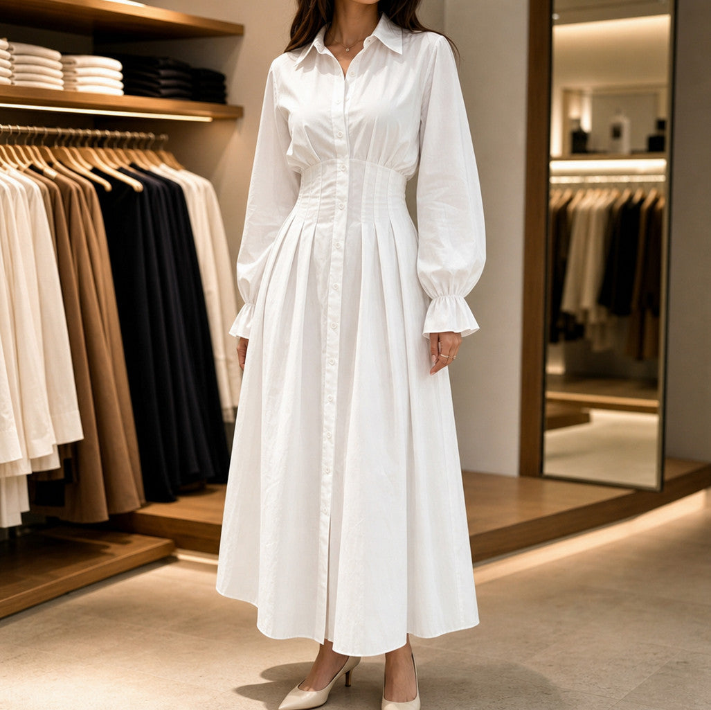 Poplin Corset Long Sleeve Midi Shirt Dress