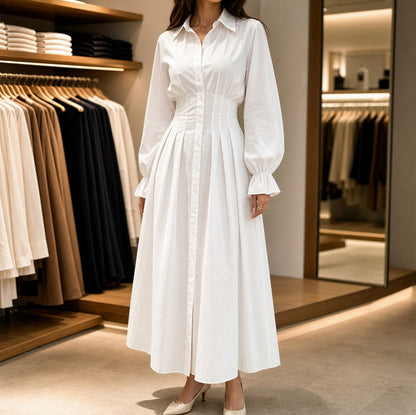 Poplin Corset Long Sleeve Midi Shirt Dress