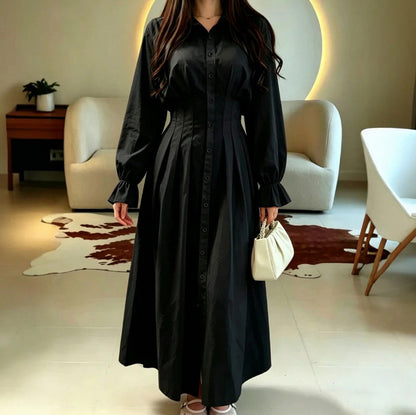 Poplin Corset Long Sleeve Midi Shirt Dress