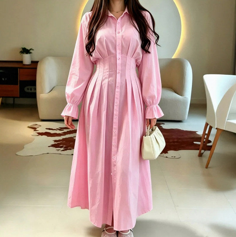 Poplin Corset Long Sleeve Midi Shirt Dress