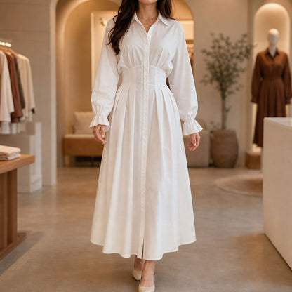 Poplin Corset Long Sleeve Midi Shirt Dress