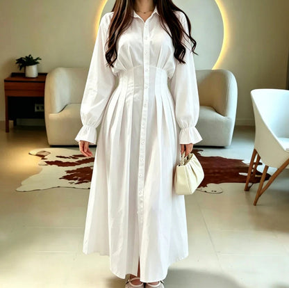 Poplin Corset Long Sleeve Midi Shirt Dress