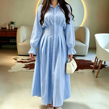 Poplin Corset Long Sleeve Midi Shirt Dress