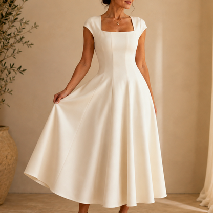 Poplin Square Neck A-Line Midi Dress