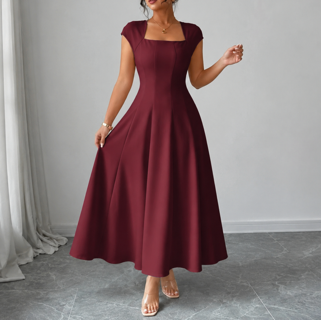 Poplin Square Neck A-Line Midi Dress