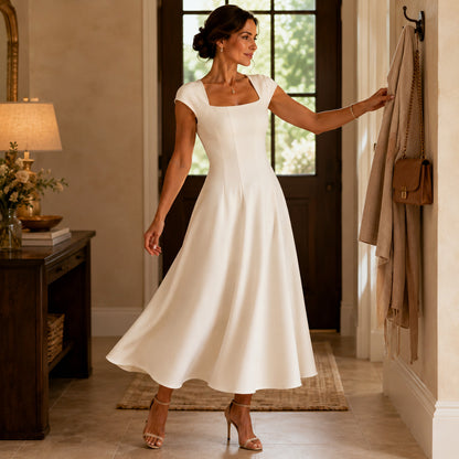 Poplin Square Neck A-Line Midi Dress