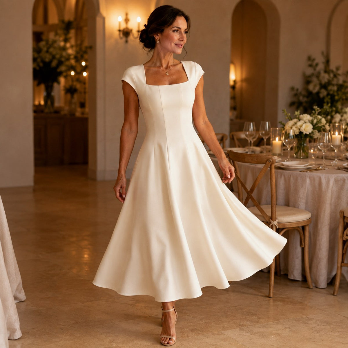 Poplin Square Neck A-Line Midi Dress