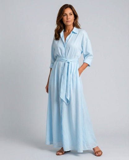 Poplin Long Sleeve Tie Waist Maxi Shirt Dress