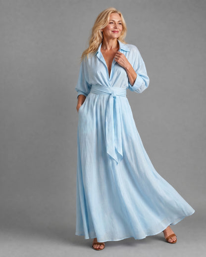 Poplin Long Sleeve Tie Waist Maxi Shirt Dress