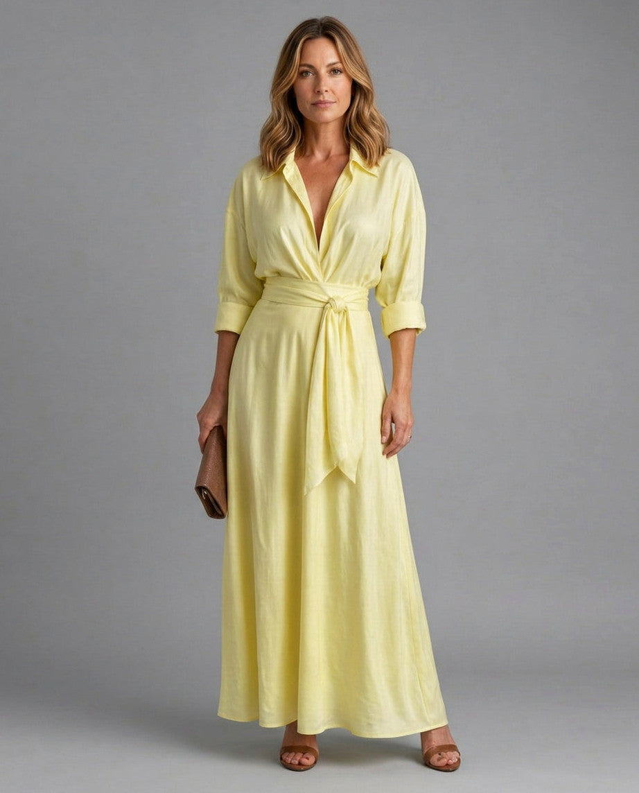 Poplin Long Sleeve Tie Waist Maxi Shirt Dress