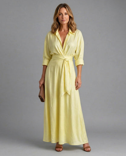 Poplin Long Sleeve Tie Waist Maxi Shirt Dress