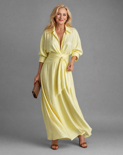 Poplin Long Sleeve Tie Waist Maxi Shirt Dress