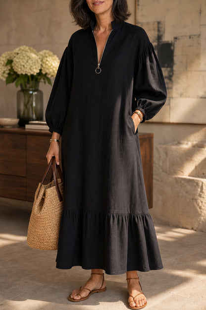 Poplin Tiered Balloon Sleeve Maxi Dress