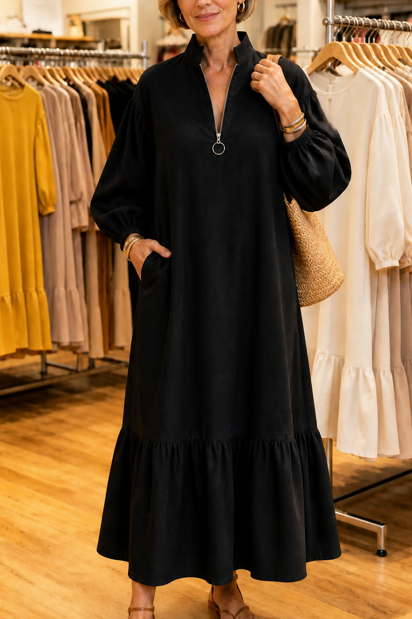 Poplin Tiered Balloon Sleeve Maxi Dress