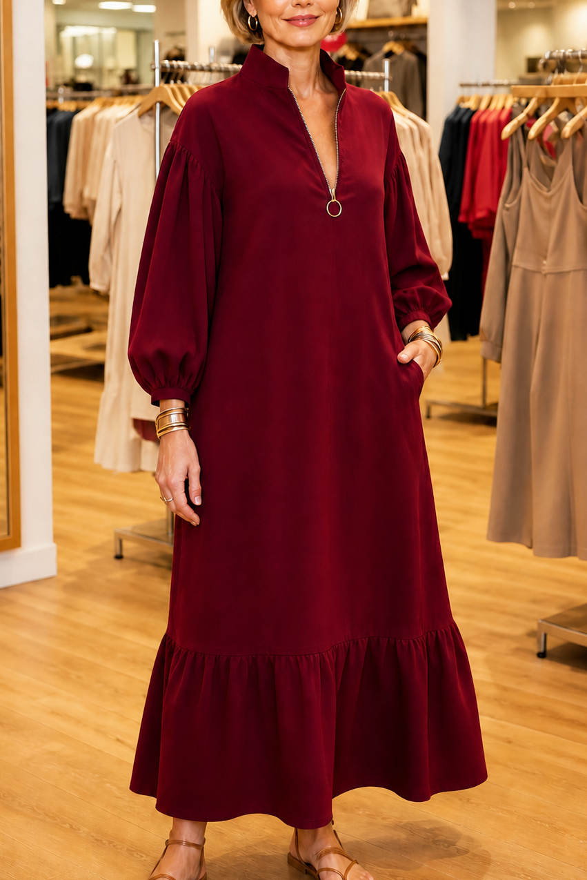 Poplin Tiered Balloon Sleeve Maxi Dress