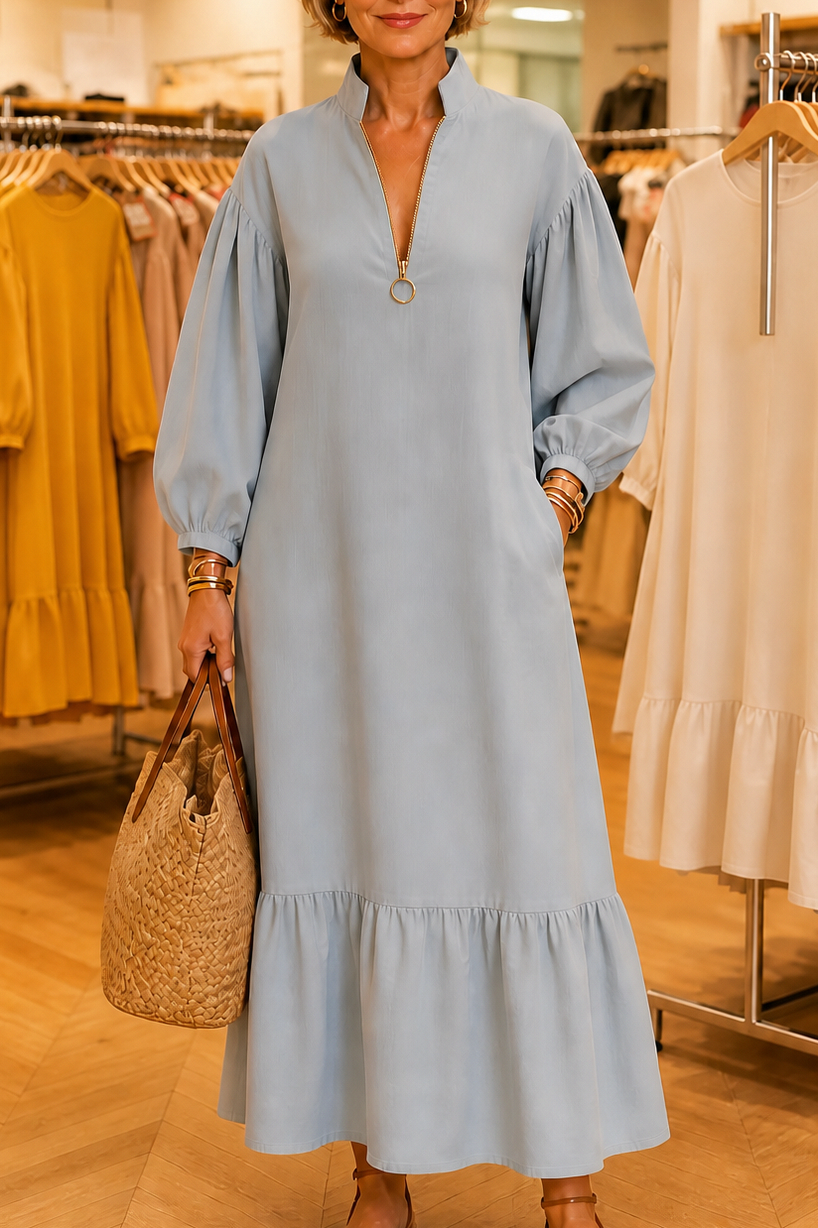 Poplin Tiered Balloon Sleeve Maxi Dress