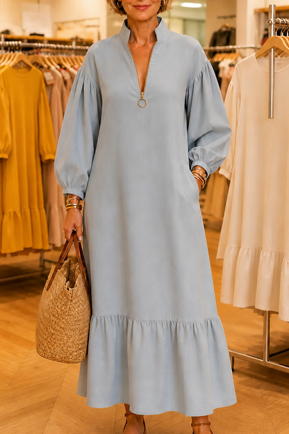 Poplin Tiered Balloon Sleeve Maxi Dress