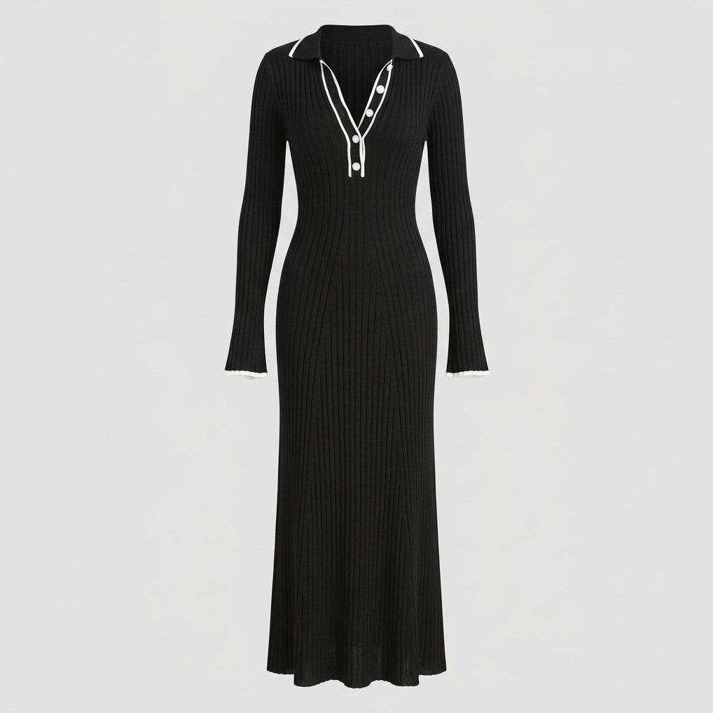 Ribbed Long Sleeve Polo Collar Maxi Dress