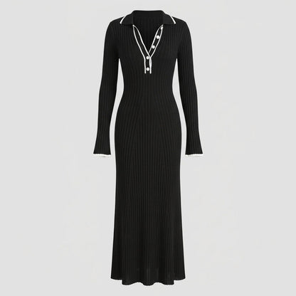 Ribbed Long Sleeve Polo Collar Maxi Dress