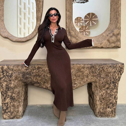 Ribbed Long Sleeve Polo Collar Maxi Dress