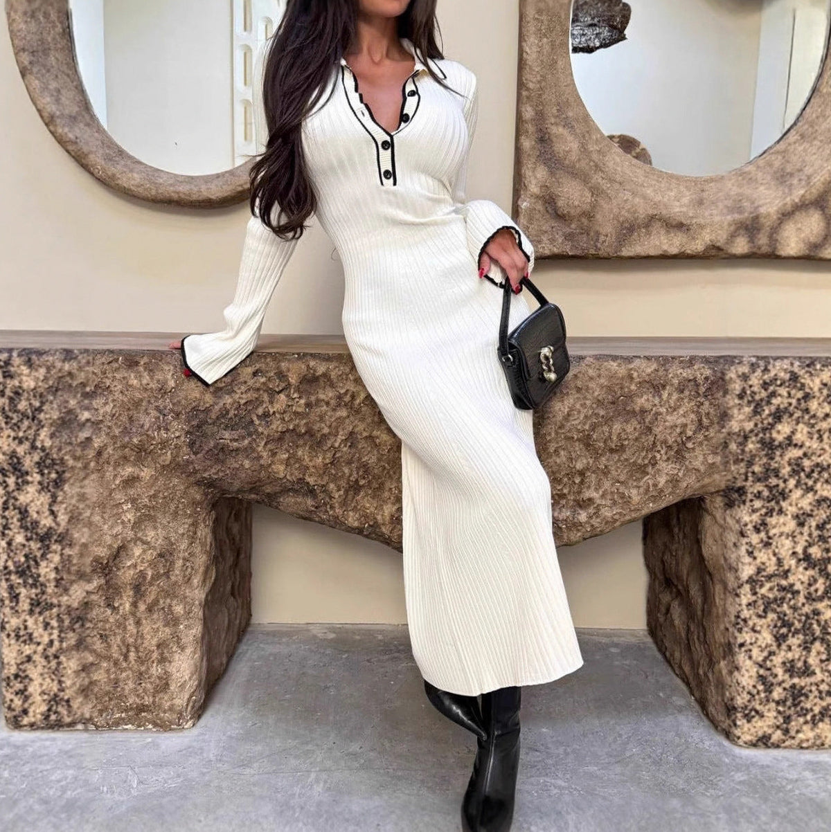 Ribbed Long Sleeve Polo Collar Maxi Dress