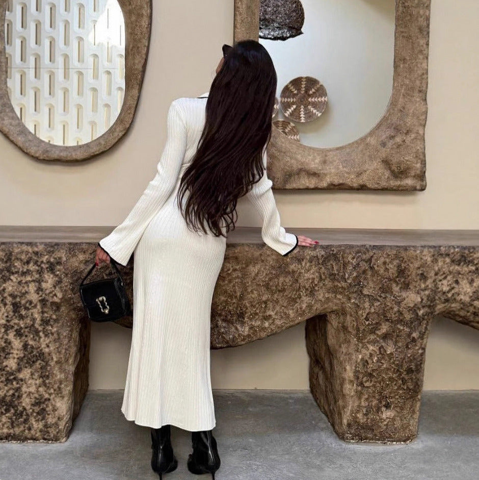 Ribbed Long Sleeve Polo Collar Maxi Dress