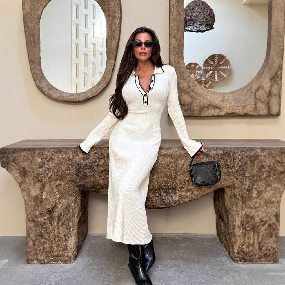 Ribbed Long Sleeve Polo Collar Maxi Dress