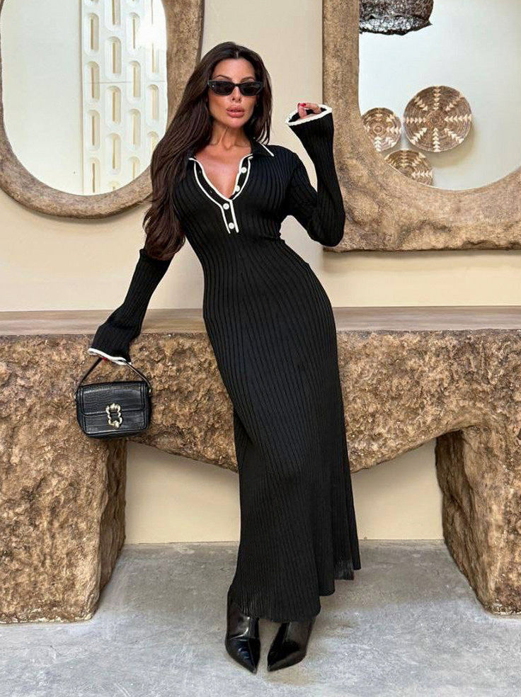 Ribbed Long Sleeve Polo Collar Maxi Dress
