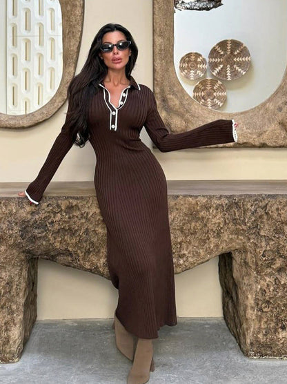Ribbed Long Sleeve Polo Collar Maxi Dress