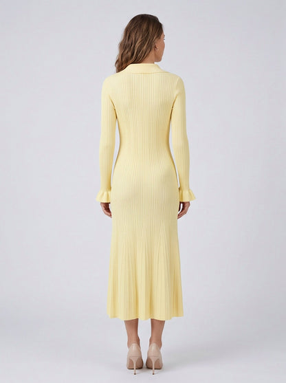 Ribbed Collared Long Sleeve Sweater Dress