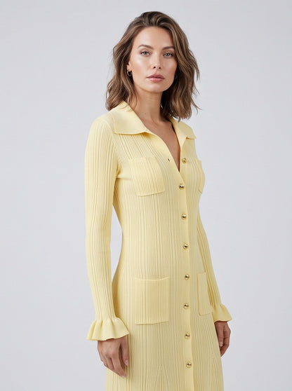 Ribbed Collared Long Sleeve Sweater Dress