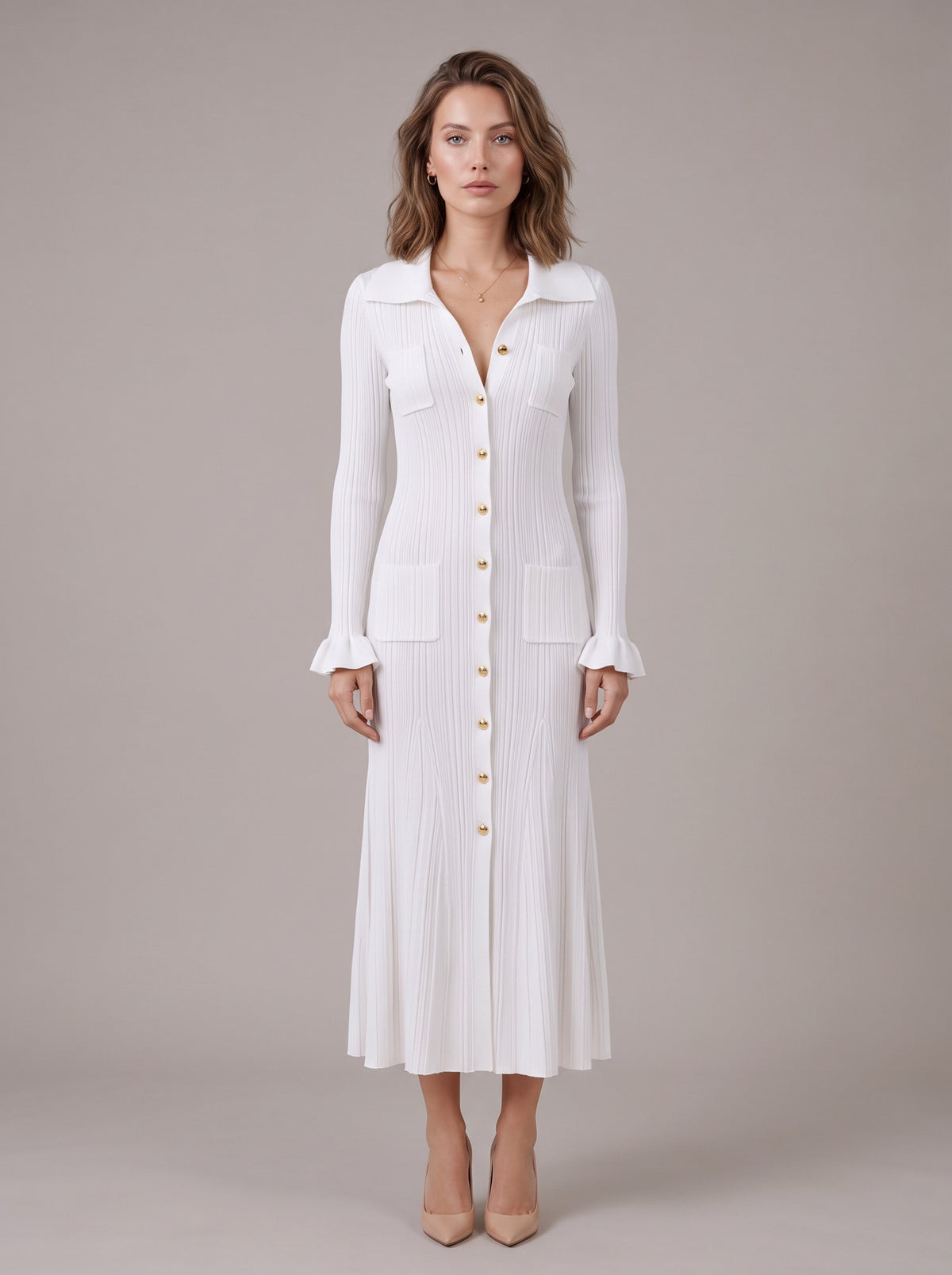 Ribbed Collared Long Sleeve Sweater Dress