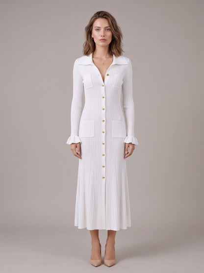 Ribbed Collared Long Sleeve Sweater Dress