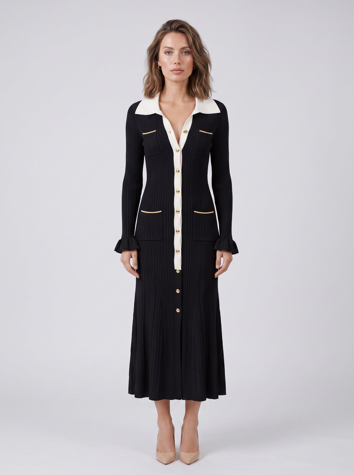 Ribbed Collared Long Sleeve Sweater Dress