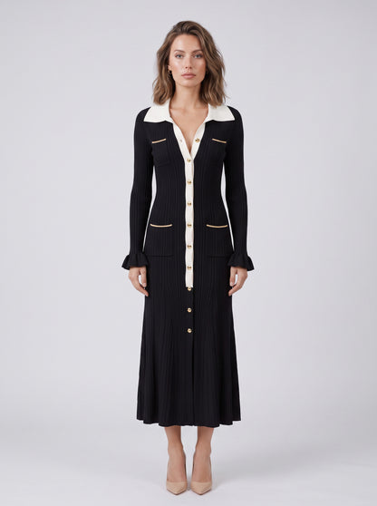 Ribbed Collared Long Sleeve Sweater Dress