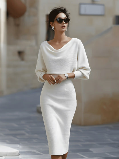 Ribbed Knit Cowl Neck Midi Dress