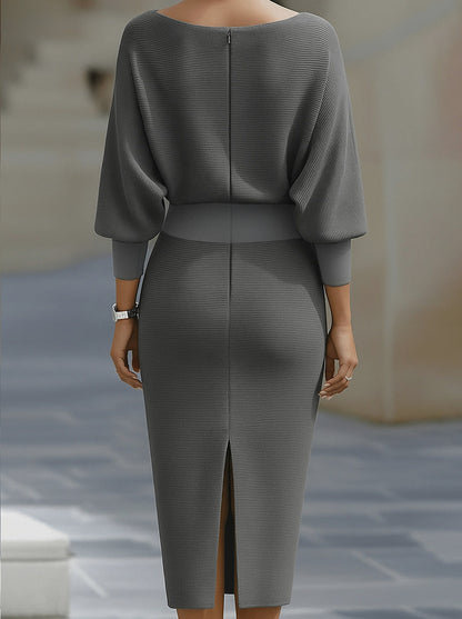 Ribbed Knit Cowl Neck Midi Dress