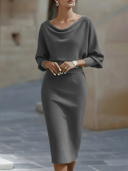 Ribbed Knit Cowl Neck Midi Dress