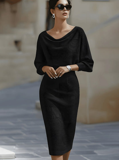 Ribbed Knit Cowl Neck Midi Dress
