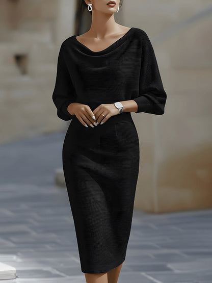 Ribbed Knit Cowl Neck Midi Dress