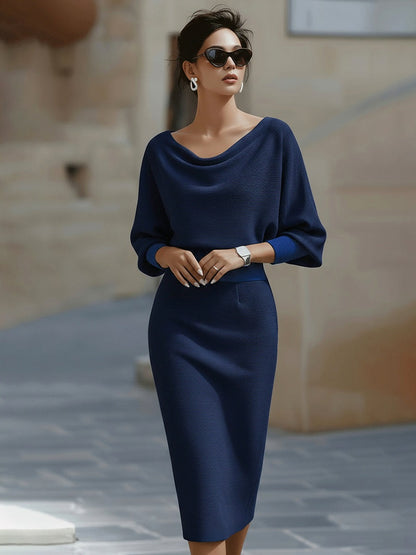 Ribbed Knit Cowl Neck Midi Dress