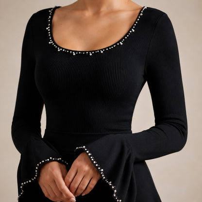 Ribbed Knit Scoop Neck Flare Sleeve Mini Dress
