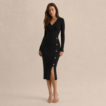 Ribbed Knit Long Sleeve Wrap Midi Dress