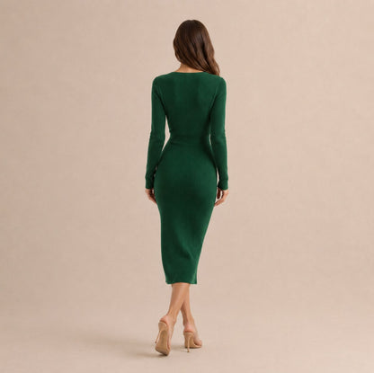 Ribbed Knit Long Sleeve Wrap Midi Dress