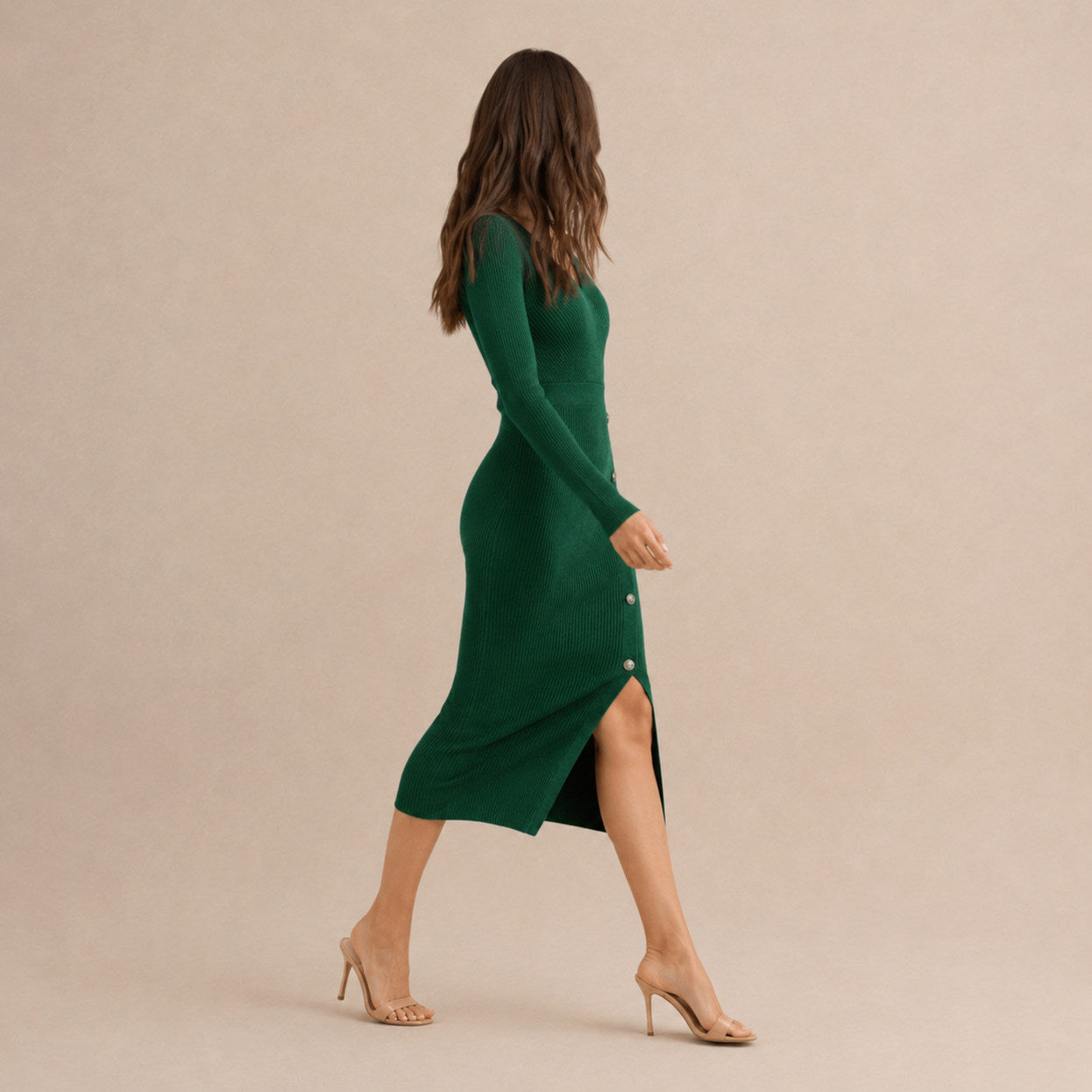 Ribbed Knit Long Sleeve Wrap Midi Dress