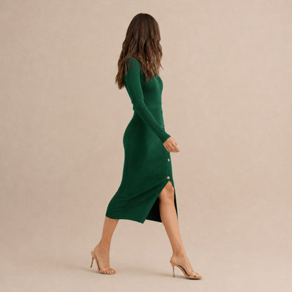 Ribbed Knit Long Sleeve Wrap Midi Dress